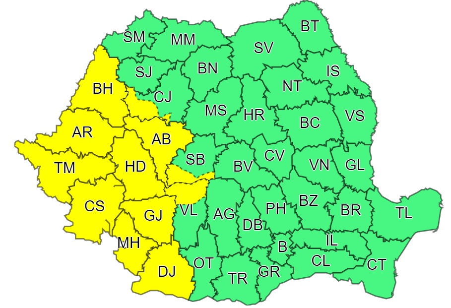 Cod galben de ploi torențiale în vestul țării