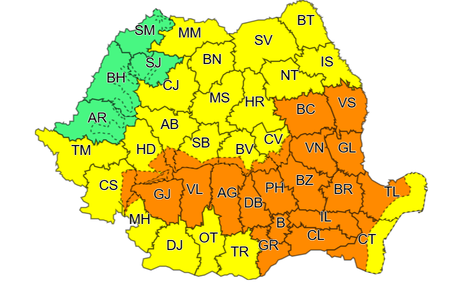 Un nou val de ploi torențiale în vestul țării. Cod galben și portocaliu în regiune