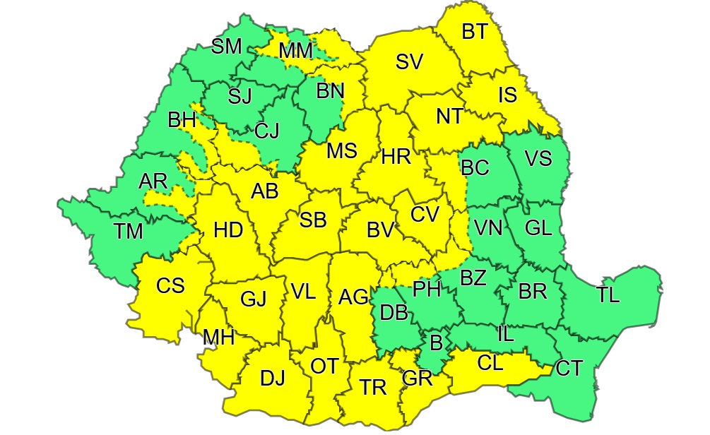 Cod galben de ploi torențiale și vijelii în vestul țării