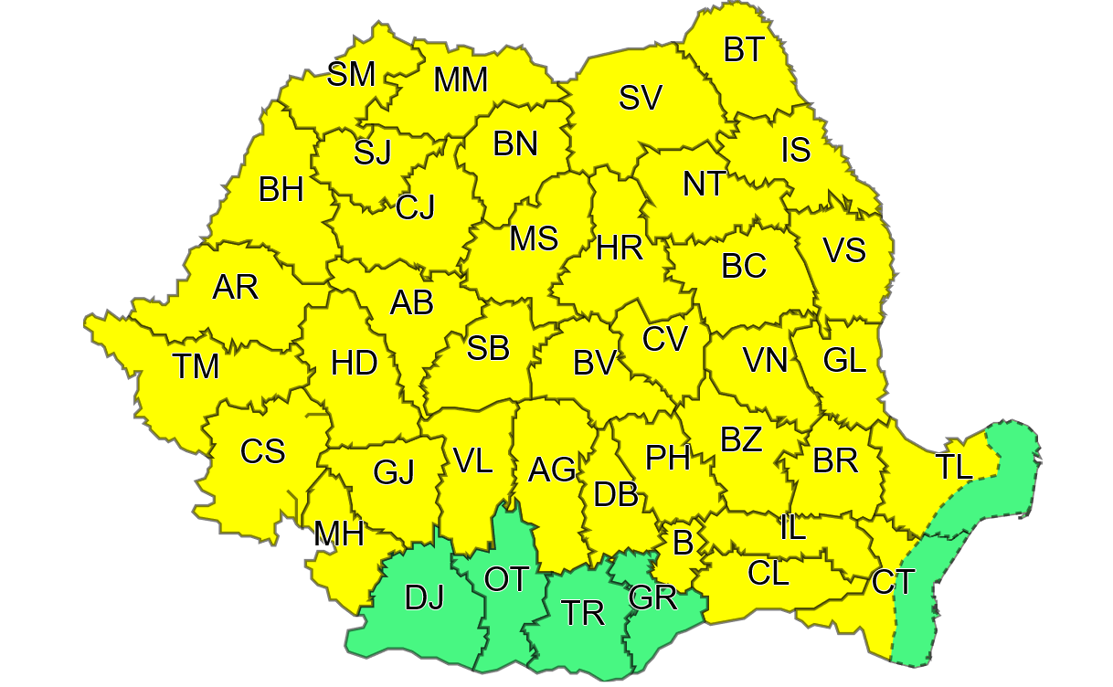 Cod galben de ploi torențiale și vijelii