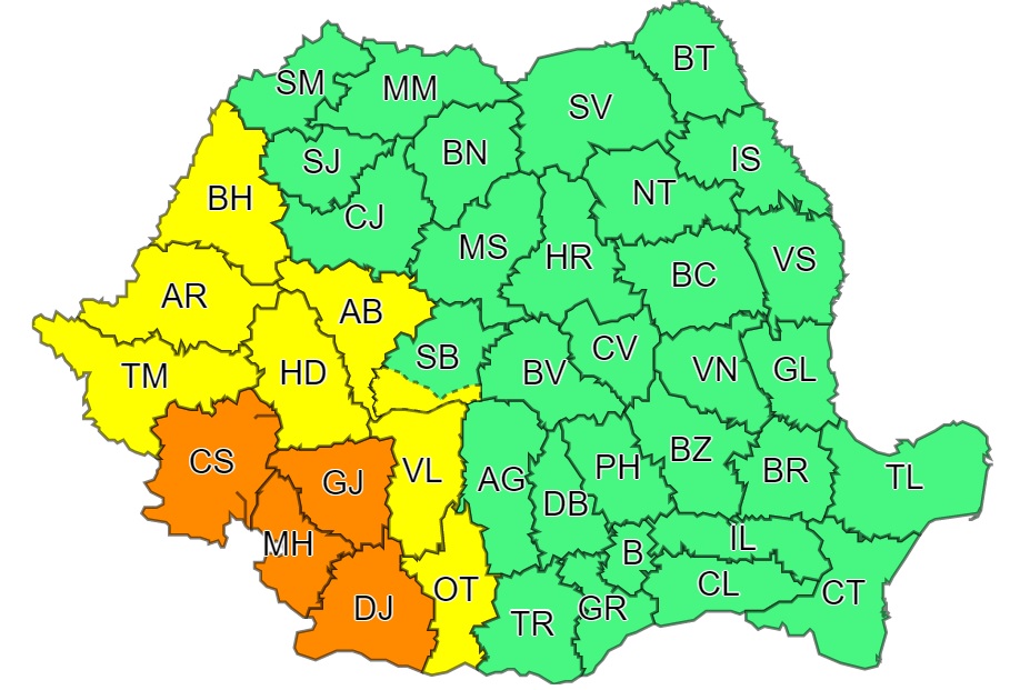 Avertizare meteo de ploi torențiale, vijelii și grindină în vestul țării