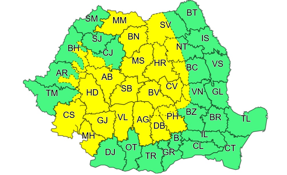 Cod galben de ploi torențiale în vestul țării