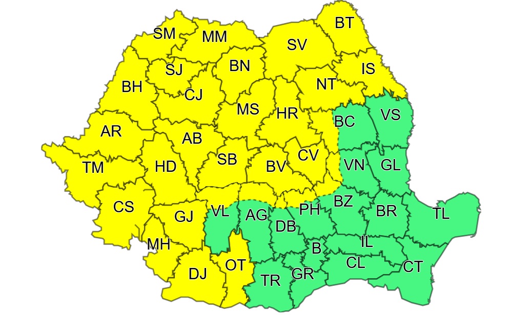 Cod galben de averse torențiale și vijelii în vestul țării