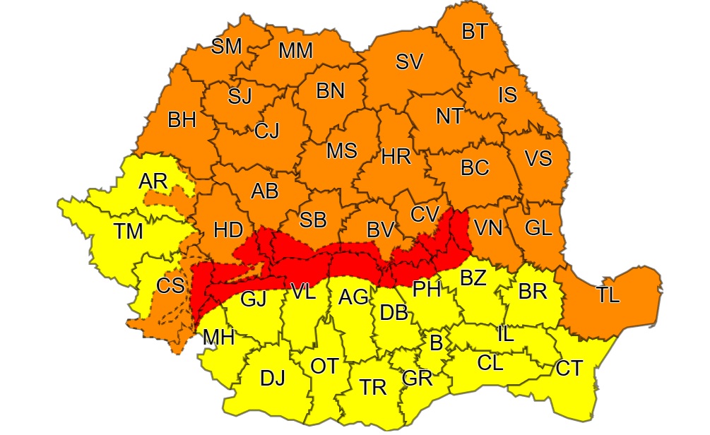 Cod roșu de vânt puternic în zona montană din Hunedoara și Caraș-Severin