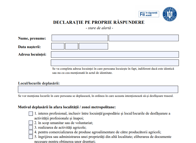 NOUA declarație pe propria răspundere pentru ieșirea din localitate