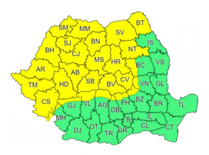 Cod galben de ploi și vânt puternic în vestul țării