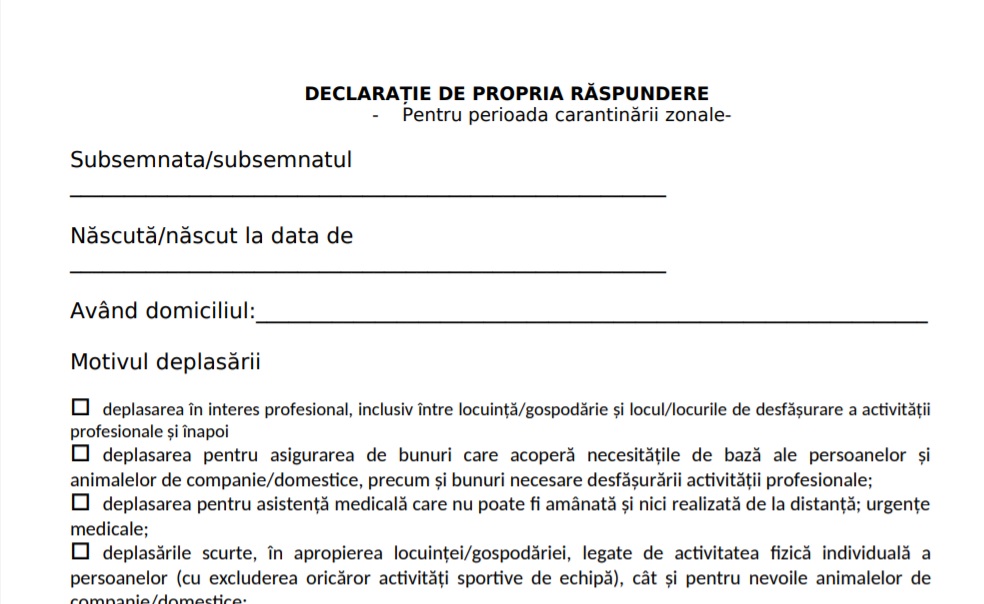 Model de declarație pe proprie răspundere necesară persoanelor din localitățile timișene aflate în carantină