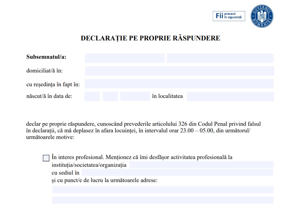 Modelul declarației pe propria răspundere pentru deplasarea între orele 23.00-05.00 și modelul adeverinței de la angajator, necesare de luni