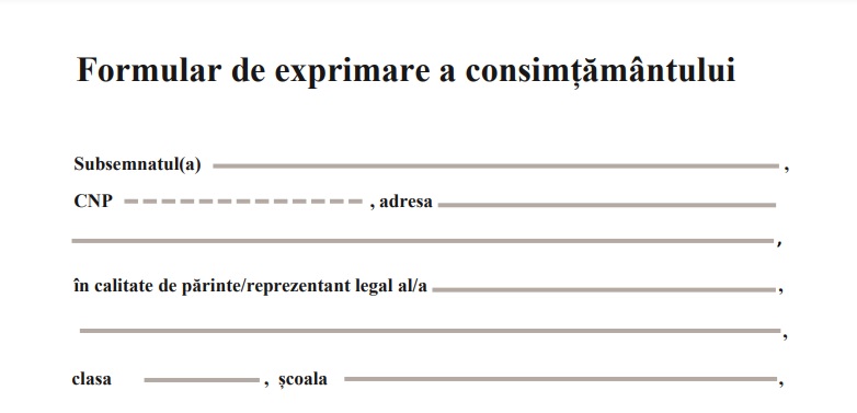 Modelul formularului de exprimare a consimţământului pentru testarea rapidă a copiilor cu simptome de COVID-19