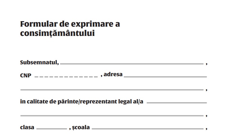 Ministerul Sănătății a publicat formularul pe care părinții trebuie să îl semneze pentru testarea elevilor simptomatici