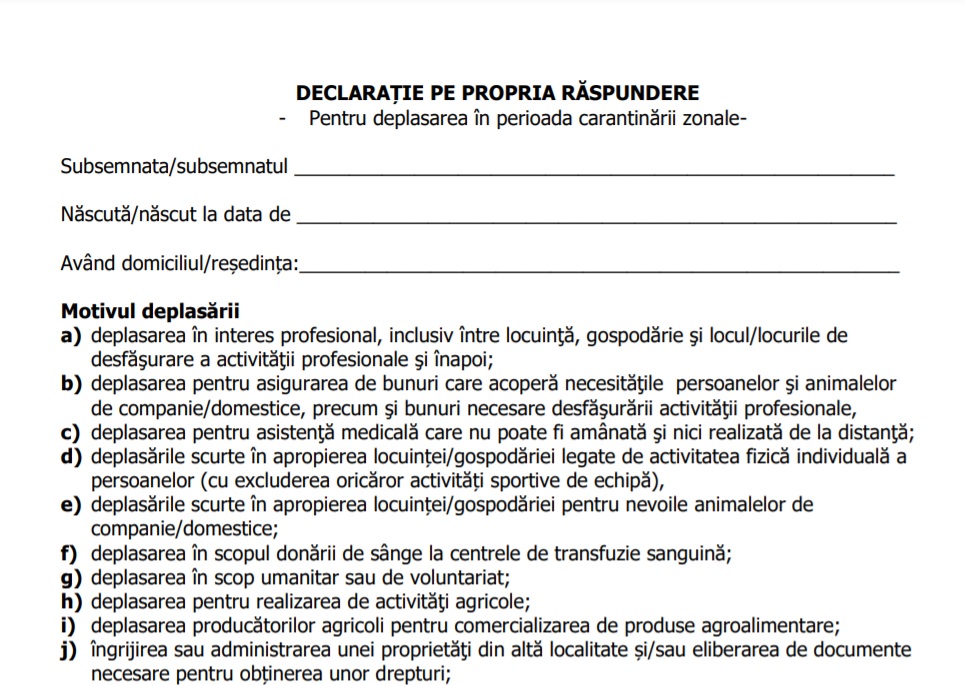 Noul model al declarației pe propria răspundere pentru deplasarea în carantină la Timișoara și comunele periurbane