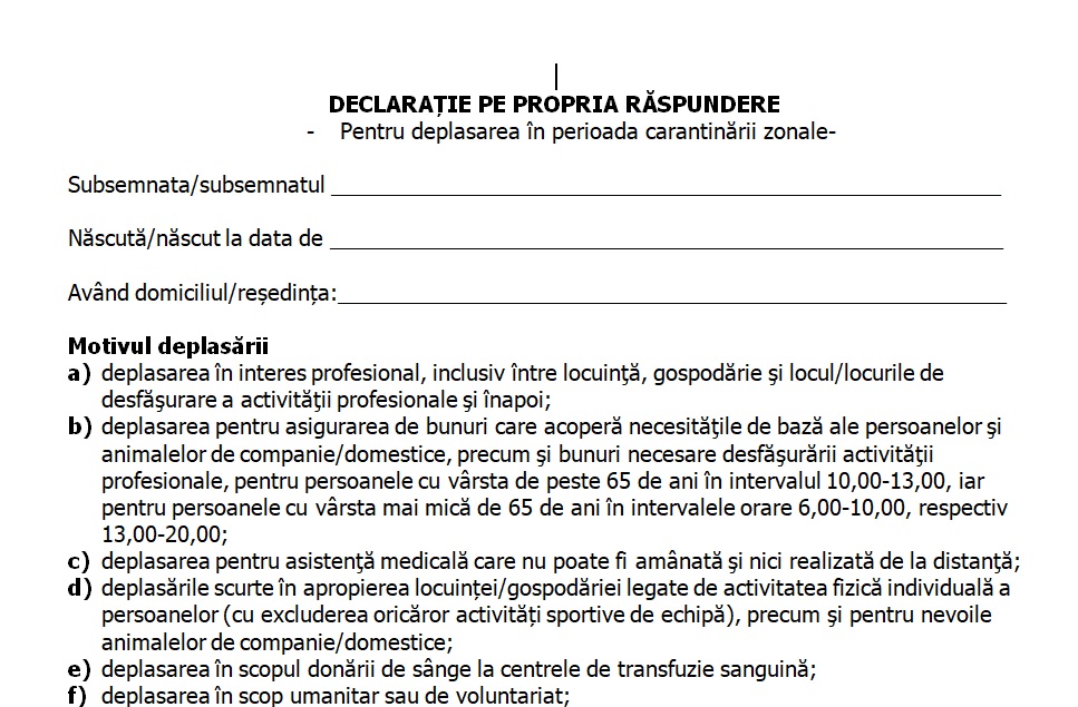 Modelul declarației pe proprie răspundere pentru deplasarea în carantină la Timișoara și alte patru comune