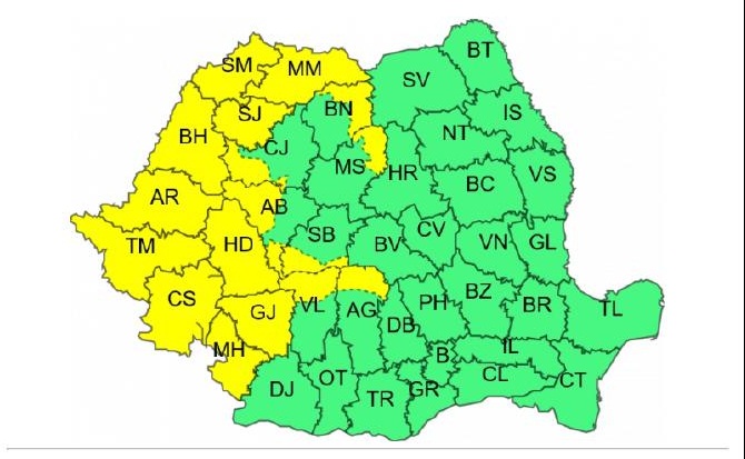 Cod galben de ploi abundente în vestul țării