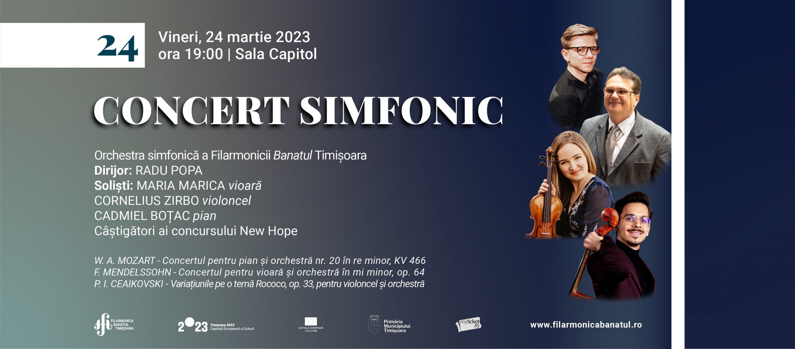 Maria Marica (vioară), Cornelius Zirbo (violoncel), Cadmiel Boțac (pian) – soliștii concertului simfonic, pe scena Filarmonicii „Banatul” din Timișoara